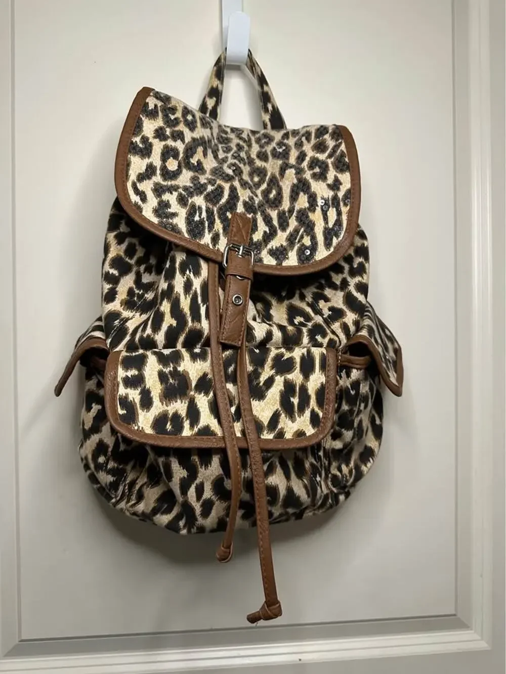 Leopard Print Sequin Full Size Backpack School Bag 17x13